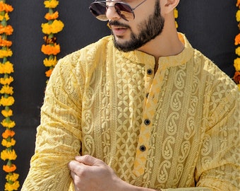 Summer Yellow Georgette Paisley Design Chikankari Regular fit Mens Kurta Set, Mens Embroidered Kurta, Mens Lucknowi Kurta/Wedding Kurta Men