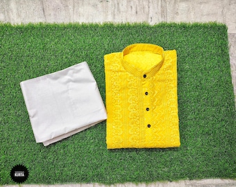 Yellow Georgette Chikankari Kurta Pajama Set: Mens Wedding Wear