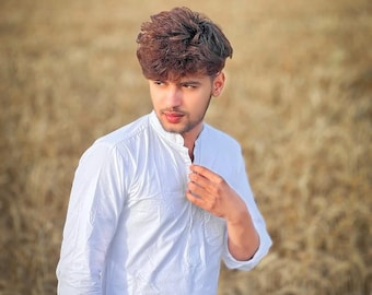 Men's White Cotton Long Kurta: Indian Wedding Ethnic Dress