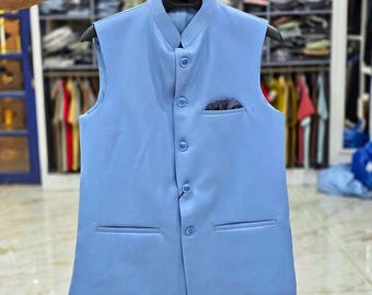 Men's Sky Blue Cotton Nehru Jacket: Indian Vest