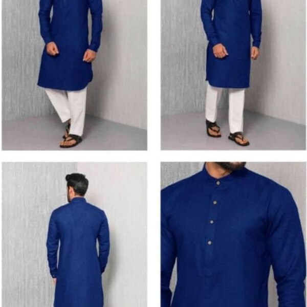 Tenues Pathani pour hommes, Kurta panjabi avec pantalon Tenue de soirée Kurta avec pyjama 100 % coton Couleur bleu unie Toutes les tailles disponibles et toutes les couleurs