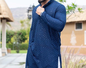 Azul Tradicional Chikankari Mans Kurta Bollywood Estilo Kurta Hombres Fiesta Usar Cosas de Hombre, Algodón Suave Kurta Sólo Kurta Diseño Floral/Festival