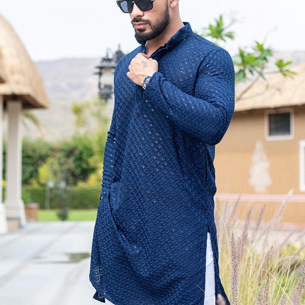 Chikankari Mans traditionnel bleu Kurta style Bollywood Kurta pour hommes, tenues de soirée pour homme, coton doux Kurta uniquement Kurta Design floral/Festival