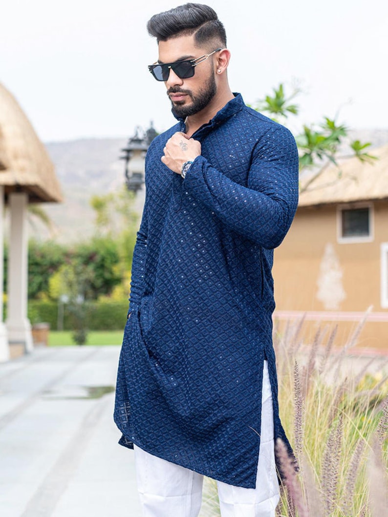 Blue Cotton Chikankari Kurta: Men's Floral Party Wear image 1