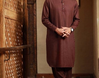 Handmade Brown Cotton Shalwar Kameez: Pakistani Men's Suit