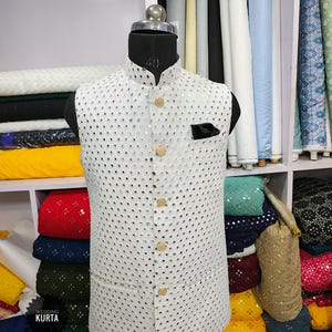 White Sequence Nehru Jacket: Custom Chikankari Embroidered Georgette Vest