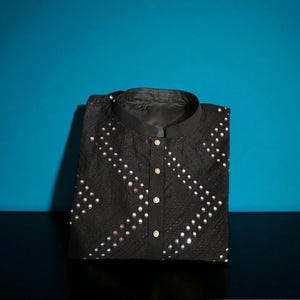 Men&#39;s Black Kurta Pyjama Set, Zigzag Chikankari Home Wear, Solid Color Embroidered Kurta, Plus Size Clothing, Black Zigzag Kurta Pajama