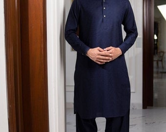 Traje Kurta Shalwar de algodón hecho a mano: Conjunto Pathani azul marino