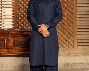 Handmade Men&#39;s Navy Blue Shalwar Kameez: Pakistani Style Outfit