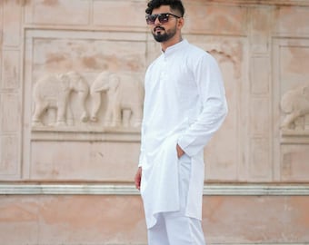 White Cotton Men's Kurta Set: Sequin Mirror Work, Traditional Indian Style