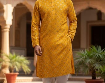 Yellow Georgette Kurta Pajama: Chikankari Embroidered Sherwani - Made To Order