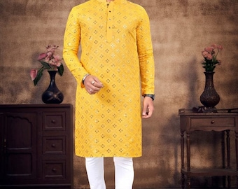 Yellow Cotton Chikankari Kurta Pajama Set: Embroidered Mirror Work