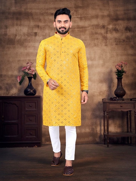 Yellow Georgette Kurta Pajama With Embroidery Mirror Work Pure - Main Image