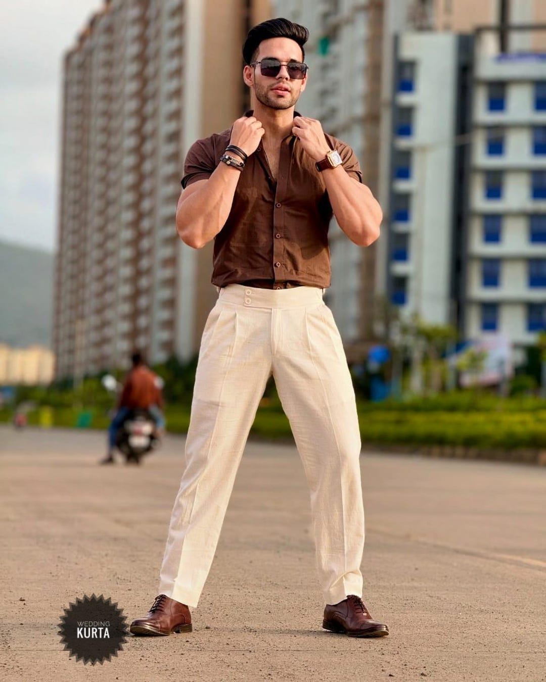Cotton Blend Wedding Kurta Pajama Set: Brown & White