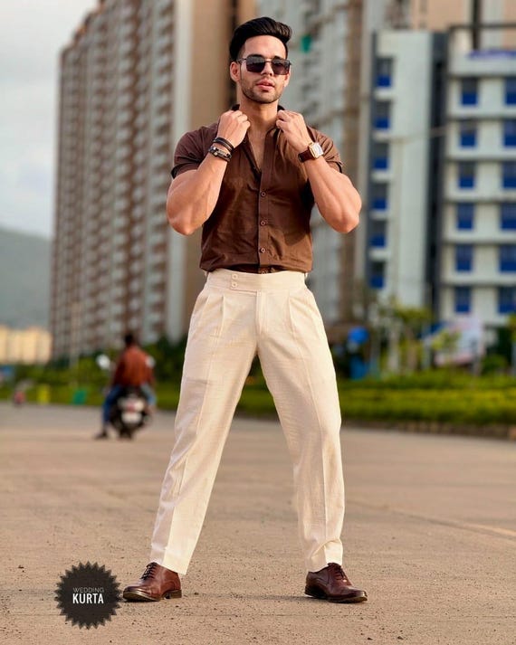 brown dress pants white shirt Men's Air Pants Tailored - Khaki - Non Iron - Comfortable 4 Way Stretch - W-34 L-32