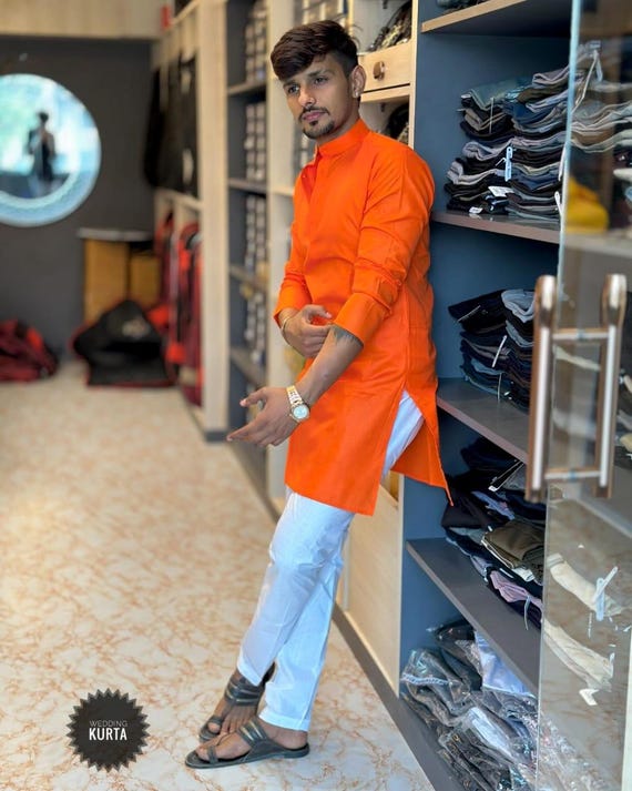 Men s Indian Outfits Men Orange Kurta With White Pajama Party Wear Kurta Pajama Solid Orange Kurta Set Men Kurta Sets Long Sleeves Etsy Canada