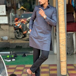 Men&#39;s Pure Cotton Grey Kurta | Long Sleeve Kurta | Shirt Collar Kurta for Men | Handmade Clothing | Indian Men&#39;s Kurta | Party Wear Kurta