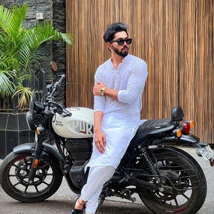 Men&#39;s Handmade White Kurta Shalwar Suit | Party Wear Kameez Salwar Set | Solid Pure White Pakistani Fashion | Plus Size Available