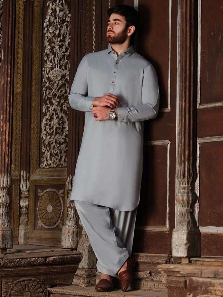 Men's Handmade Pathani Outfit | Gray Salwar Kameez & Punjabi