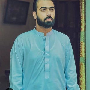 Sky Blue Knee Length Long Kurta For Men | Handmade Long Kurta | Men Party Wear Outfit | Designer Long Sky Blue Kurta | Soft Collar Kurta