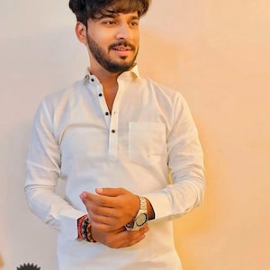 Mens White Color Long Sleeve Kurta | Hand Made Kurta | Shirt Collar Kurta | Formal Wear Kurta | Pakistani Mens Kurta | Men Outfit| Fashion
