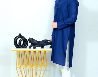 Men's Royal Blue Kurta With White Pyjama, Design Men's Suit Brands India Pak ,Men's Kurta Design's Pakistani Kurta Pajama Cotton Dress