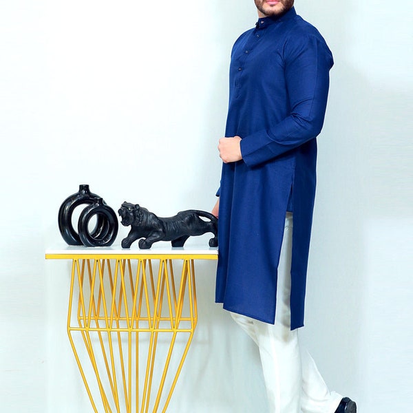 Men's Royal Blue Kurta With White Pyjama, Design Men's Suit Brands India Pak ,Men's Kurta Design's Pakistani Kurta Pajama Cotton Dress