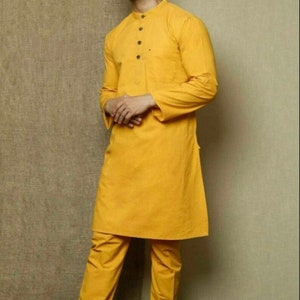 Herrpyjamaset med senapsgrå kurta: Indiska bröllopskläder i 100 % bomull bild 2