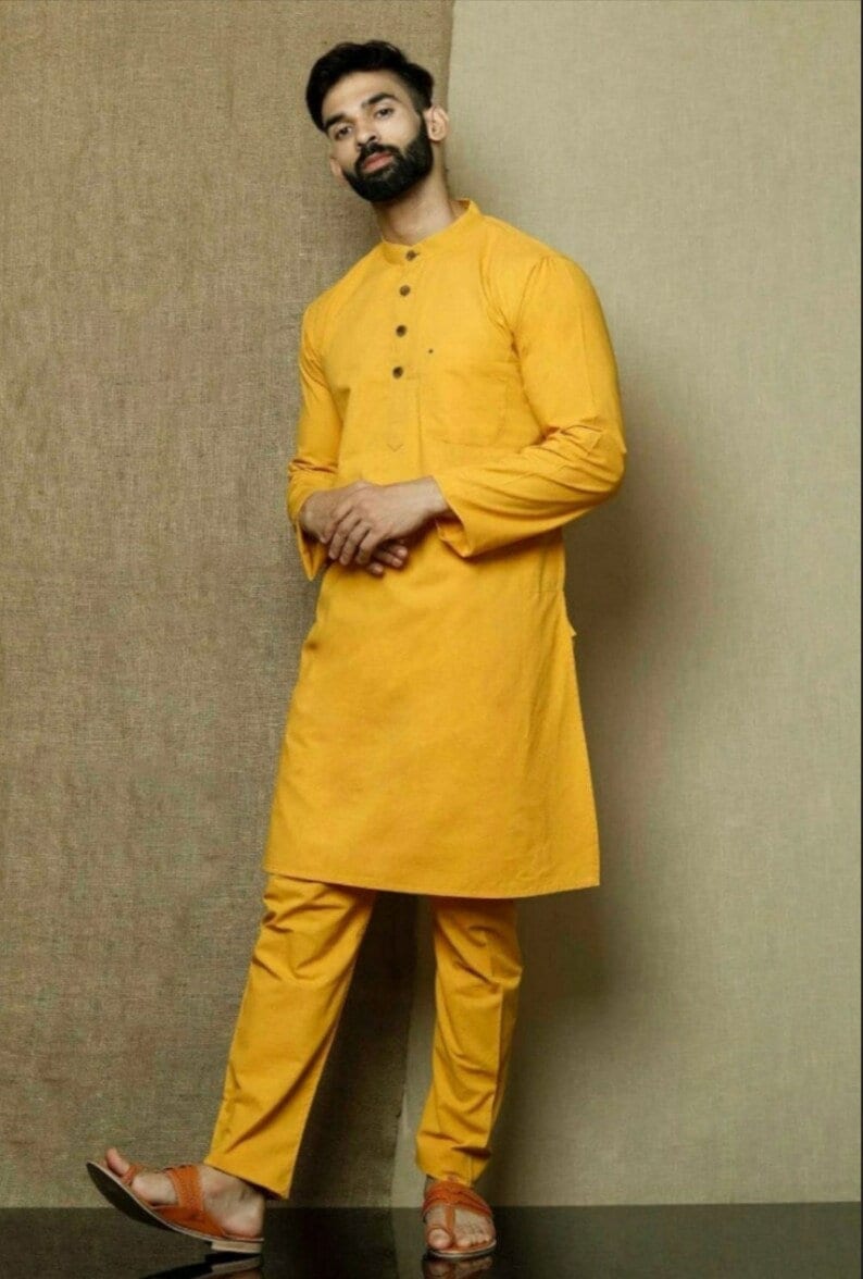Herrpyjamaset med senapsgrå kurta: Indiska bröllopskläder i 100 % bomull bild 2