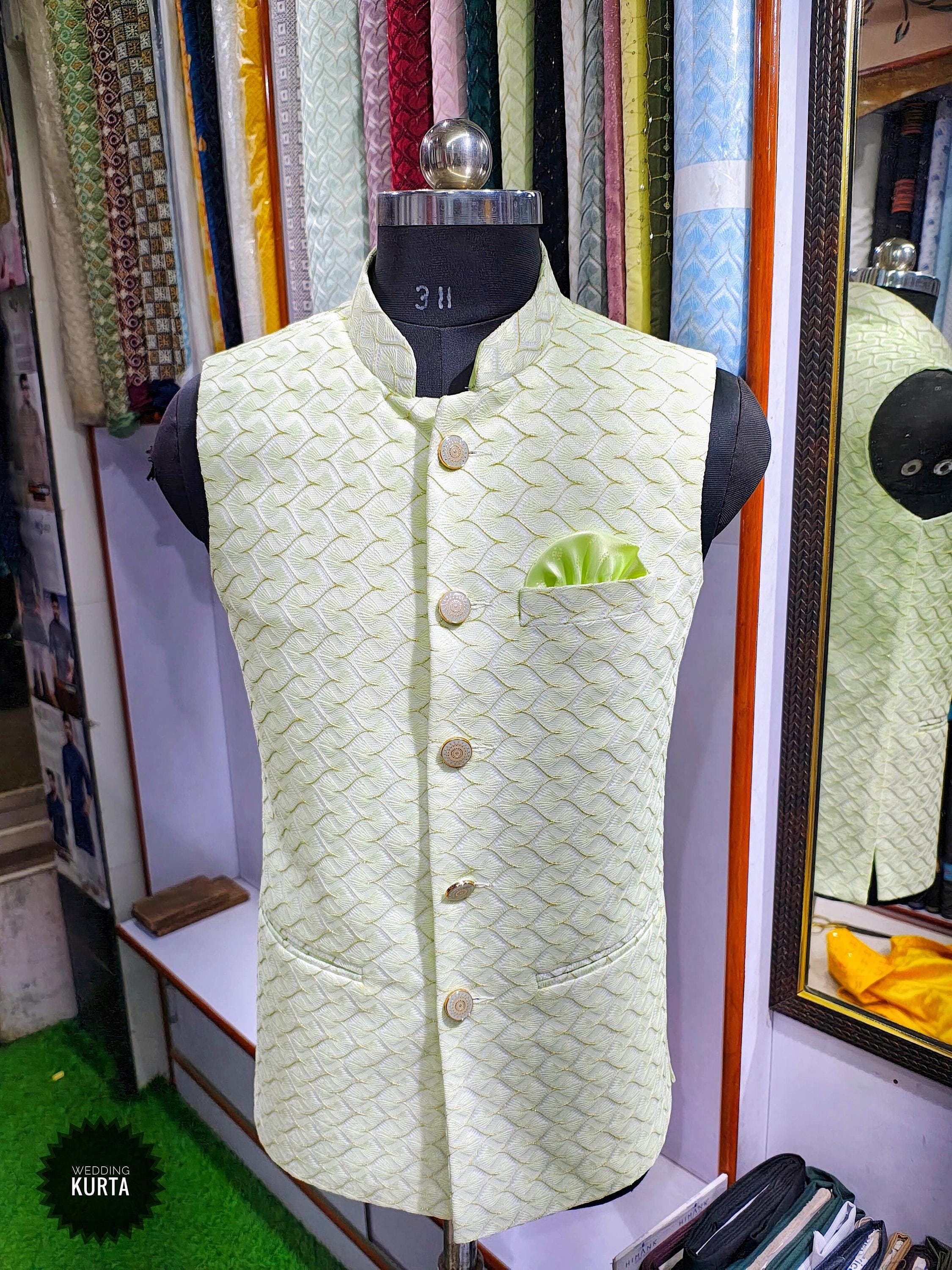 Embroidered Pista Green Nehru Jacket: Fine Cotton Silk Indian