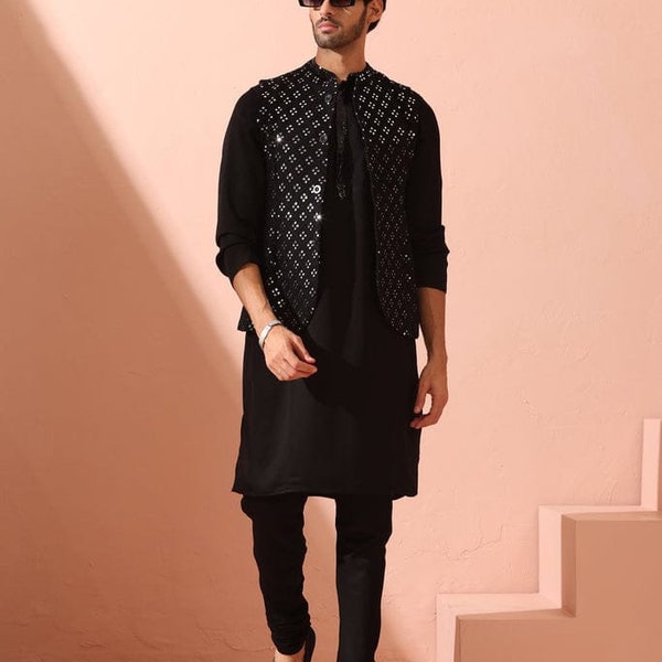 Men Black Kurta pyjama With Nehru Jacket - Modi Jacket, Wedding Vest, Men Waistcoat, mirror work, Formal Vest, Groomsmen Vest