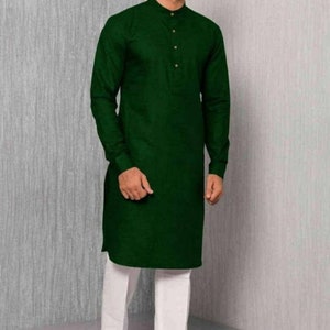 Men&#39;s Pathani Outfits ,Panjabi Kurta with Pants, Party Wear Kurta With Pajama, 100% Cotton Solid Dark Green Color All Sizes Available