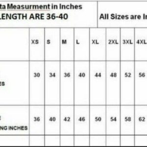 May include: A chart showing men's kurta size measurements in inches. The chart includes sizes from XS to 7XL and lists the actual body's chest size in inches and the shirt chest size with loose fitting in inches.