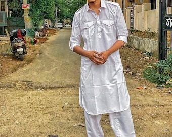 Traje Pathani de algodón blanco: Conjunto de pijama Kurta para hombre