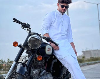 Conjunto de pijama Pathani Kurta para hombre: traje de boda indio de mezcla de seda y algodón
