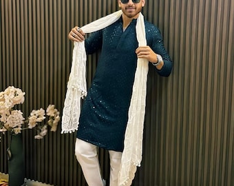 Conjunto de pijama kurta preto com lantejoulas masculino: vestido de noiva indiano