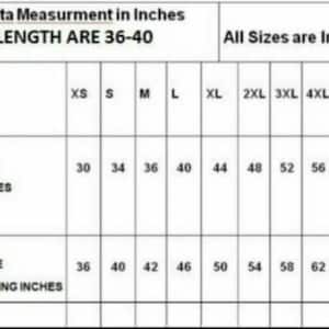 May include: A chart showing men's kurta size measurements in inches. The chart includes sizes from XS to 7XL and lists the actual body's chest size in inches and the shirt chest size with loose fitting in inches.