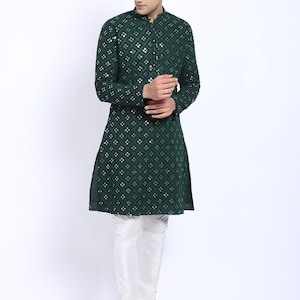 100% Pure Georgette Mirror Work Embroidered Kurta Pajama For Men Indian Kurta Pajama For Functions Designer Kurta Sherwani Made To Order