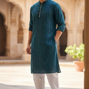 Teal Blue Chikan Kurta with White Pajama: Plus Size Men's Long Sleeve Set