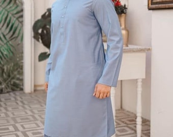 Conjunto Kurta Pathani gris para hombre: Salwar Kameez de algodón