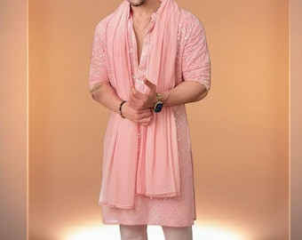 Pigiama da uomo Chikankari Kurta con stampa floreale ricamata Diwali - Colore rosa