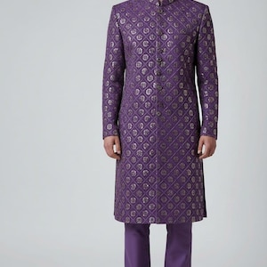 Men’s Embroidered Georgette Sherwani Style Kurta Pajama Set – Indian Wedding Groom Outfit - Lavender Color image 1