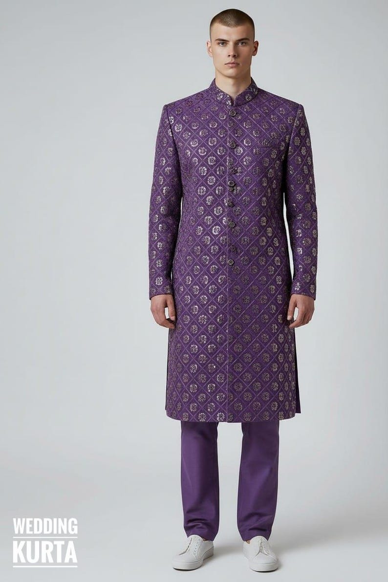 Men’s Embroidered Georgette Sherwani Style Kurta Pajama Set – Indian Wedding Groom Outfit - Lavender Color image 1