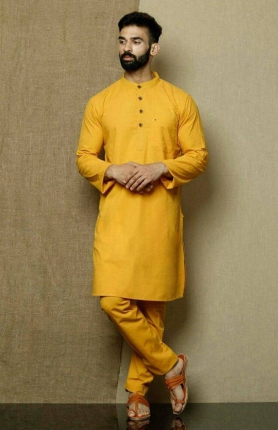 Men's Mustard Kurta Pajama Set: 100% Cotton Indian Wedding Wear