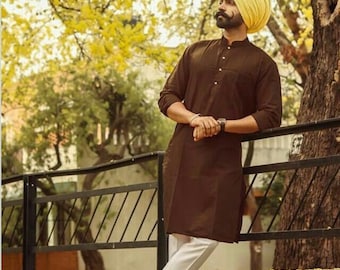 Handmade Indian Cotton Kurta Pajama Set: Brown Ethnic Clothing