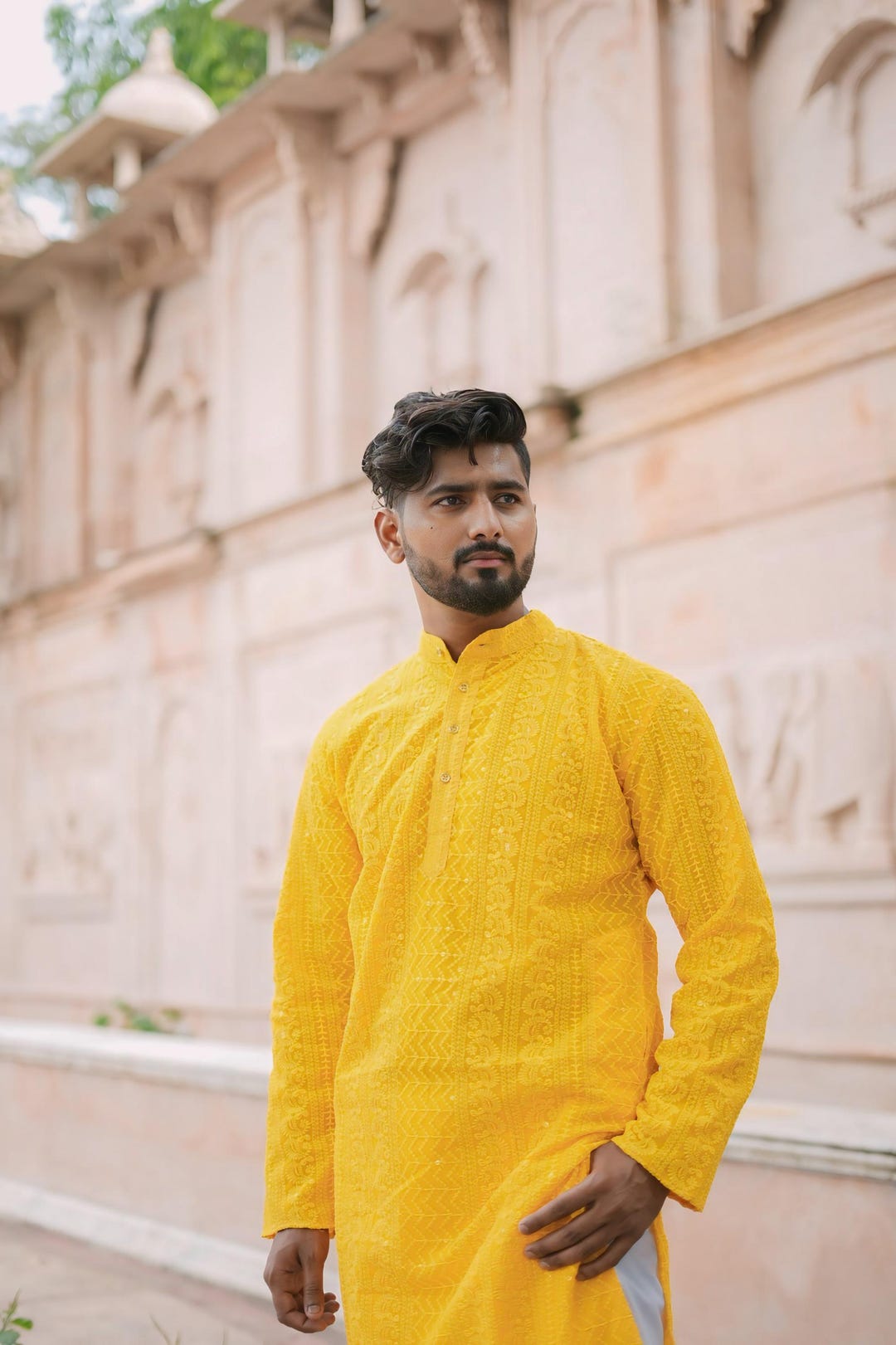 Yellow Georgette Chikankari Kurta Set: Mens Lucknowi Embroidered