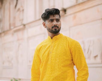 Yellow Georgette Chikankari Kurta Set: Mens Lucknowi Embroidered Kurta