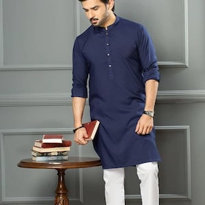 Men&#39;s Pathani Kurta, Handmade Kurta, Punjabi Kurta For Men&#39;s, Party Wear Kurta - 100% Solid Cotton Navy Blue Color & All Sizes Available