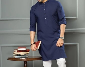 Handmade Navy Blue Cotton Kurta: Men's Punjabi Party Wear