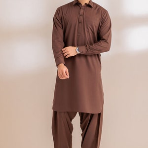 Men&#39;s Brown Kameez Shalwar: Handmade Pakistani Indian Suit